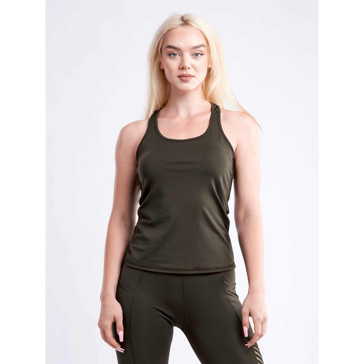 Sports Tank Top With Side Mesh Panels - Olive Green, Small / Medium
