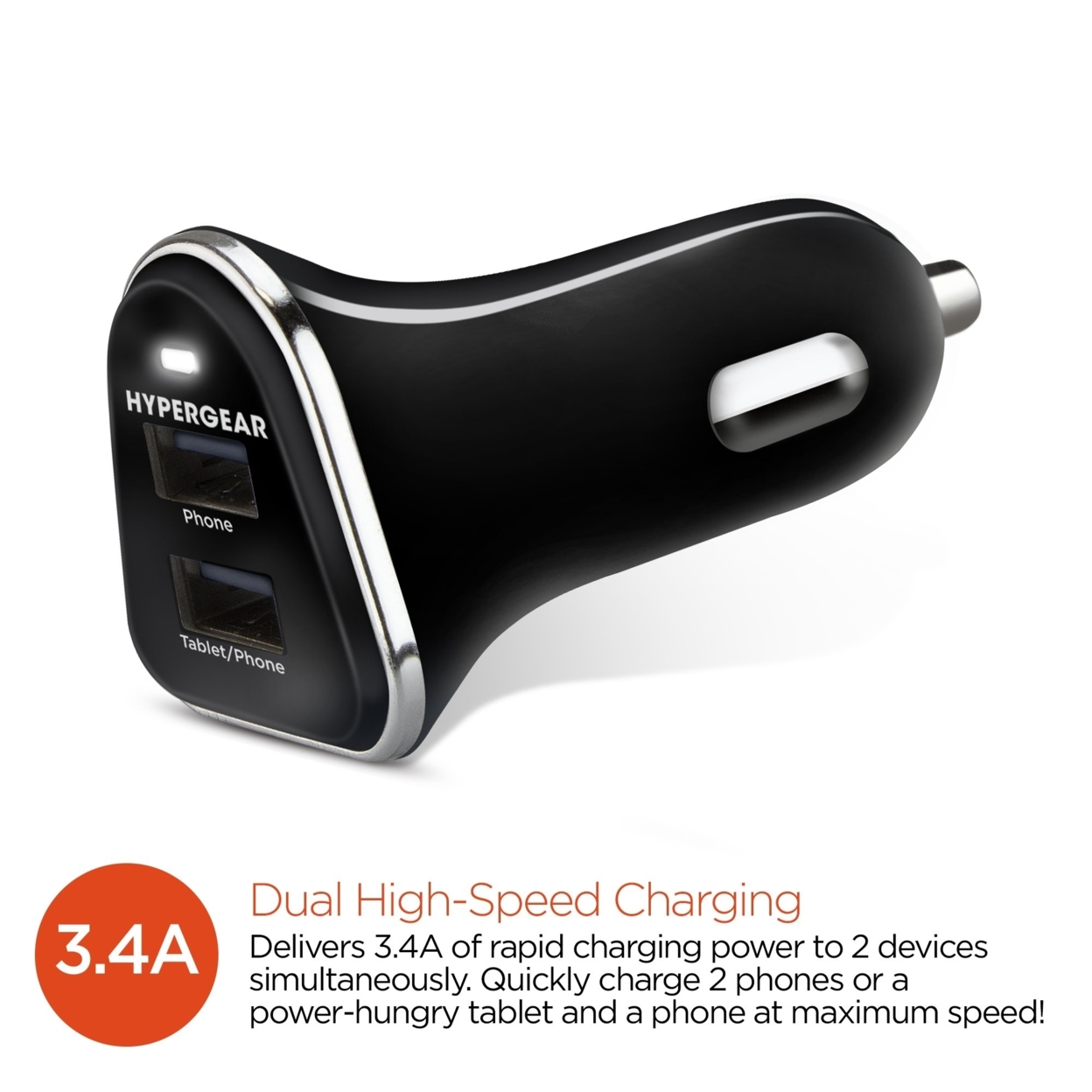 HyperGear Hi-Power Dual USB 3.4A Car Charger (DUSBCHARGER-PRNT) - Black