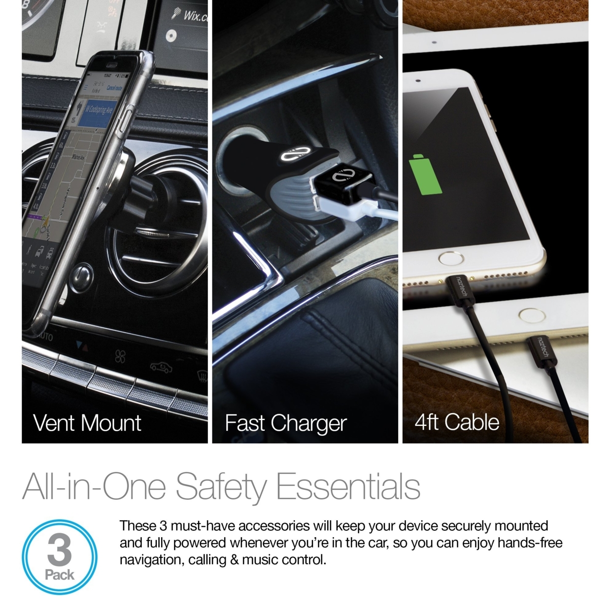 Naztech MFi Safety Essentials Car Kit (SAFETY-PRNT) - Black