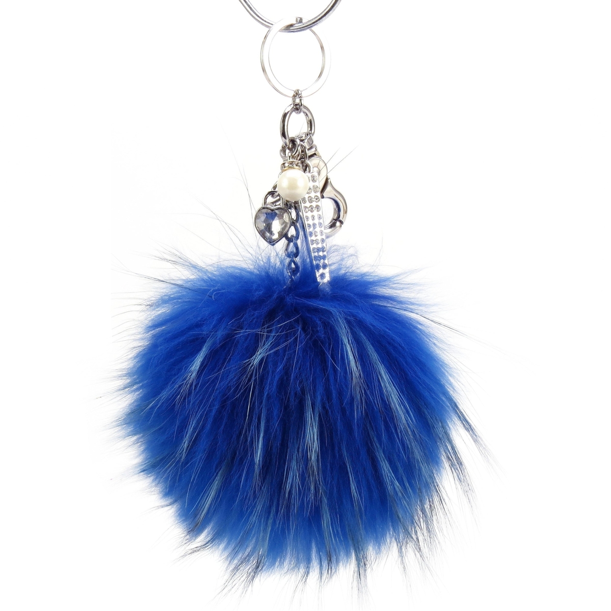 Real Fur Puff Ball Pom-Pom 6 Accessory Dangle Purse Charm - French Blue With Silver Hardware