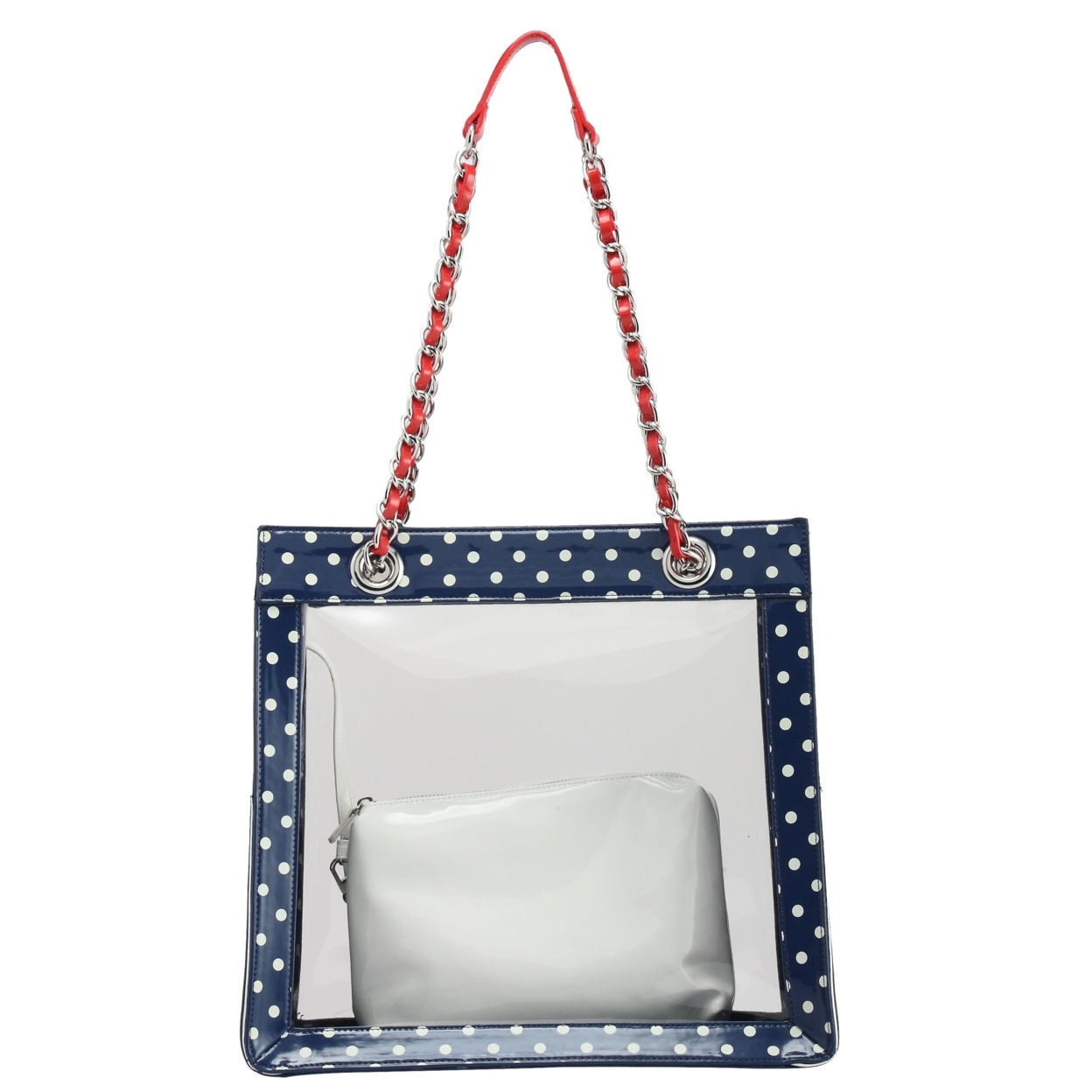 SCORE! Andrea Large Clear Designer Tote For School, Work, Travel - Navy Blue, White And Racing Red