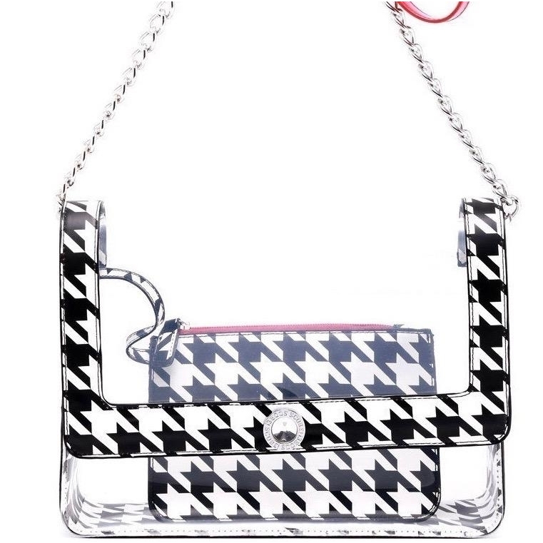 SCORE! Chrissy Medium Designer Clear Cross-body Bag - Black And White Houndstooth And Red