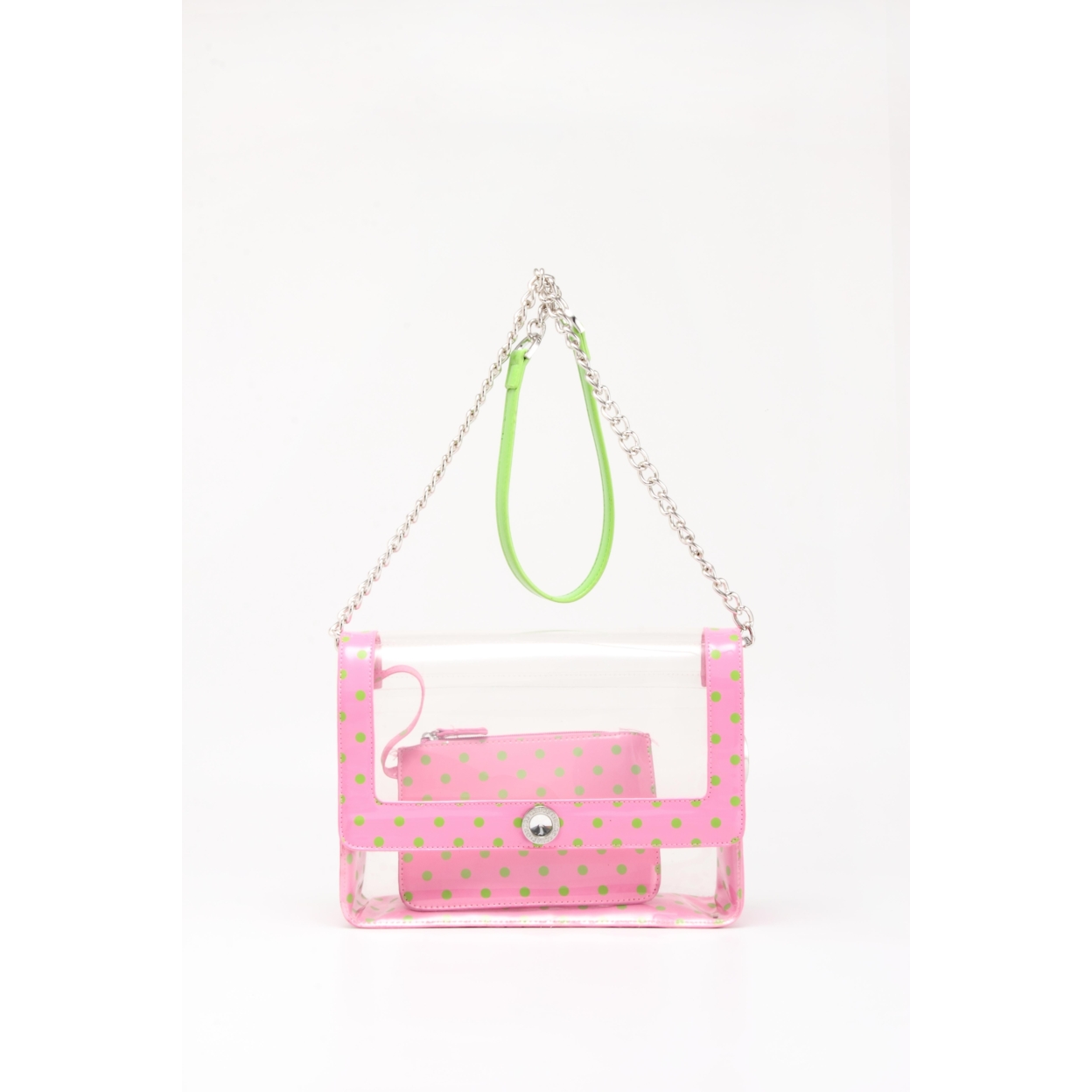 SCORE! Chrissy Medium Designer Clear Cross-body Bag -Pink And Lime Green