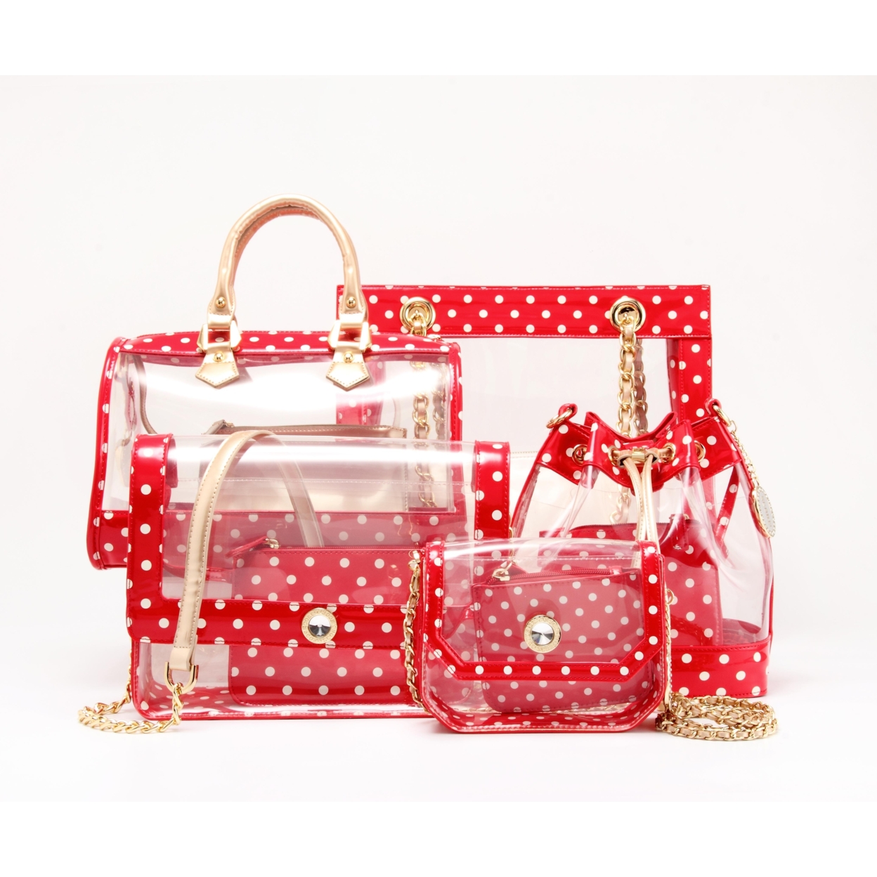 SCORE! Chrissy Medium Designer Clear Cross-body Bag -Red And Gold