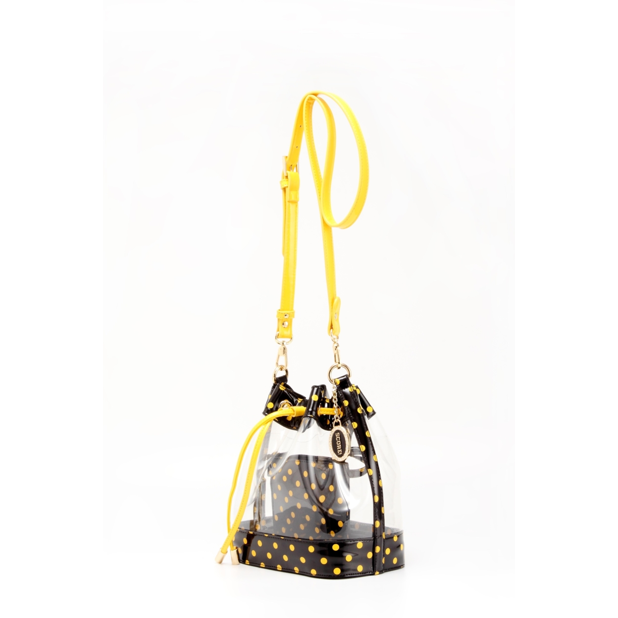 SCORE! Clear Sarah Jean Designer Crossbody Polka Dot Boho Bucket Bag- Black And Gold Yellow