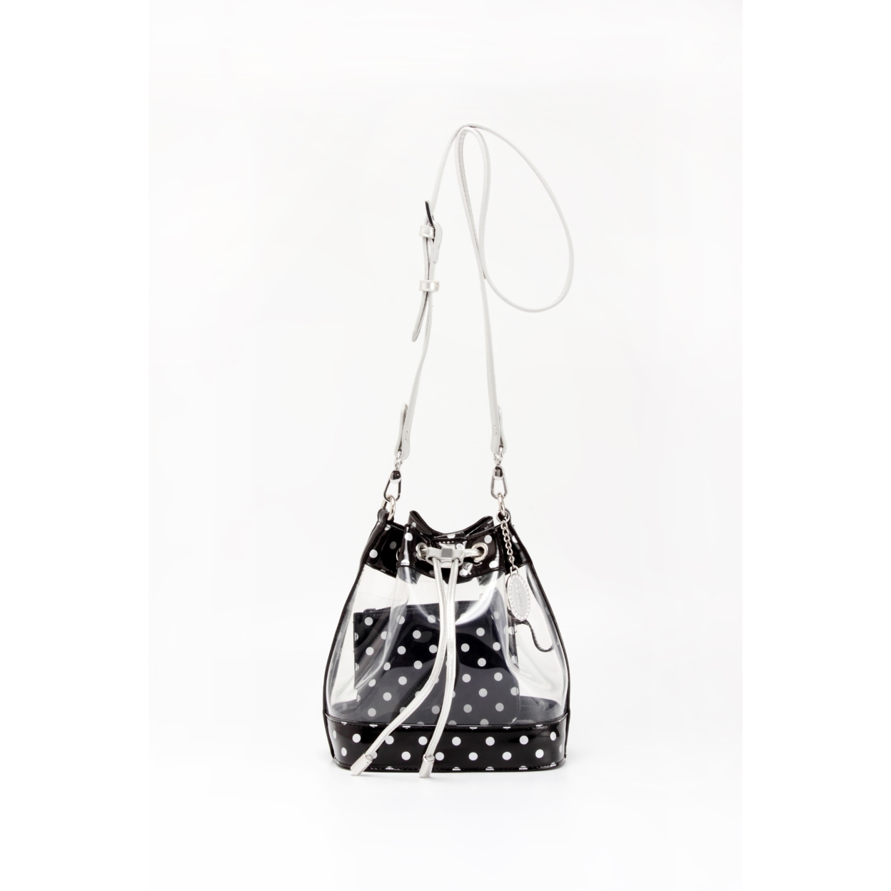 SCORE! Clear Sarah Jean Designer Crossbody Polka Dot Boho Bucket Bag- Black And Silver