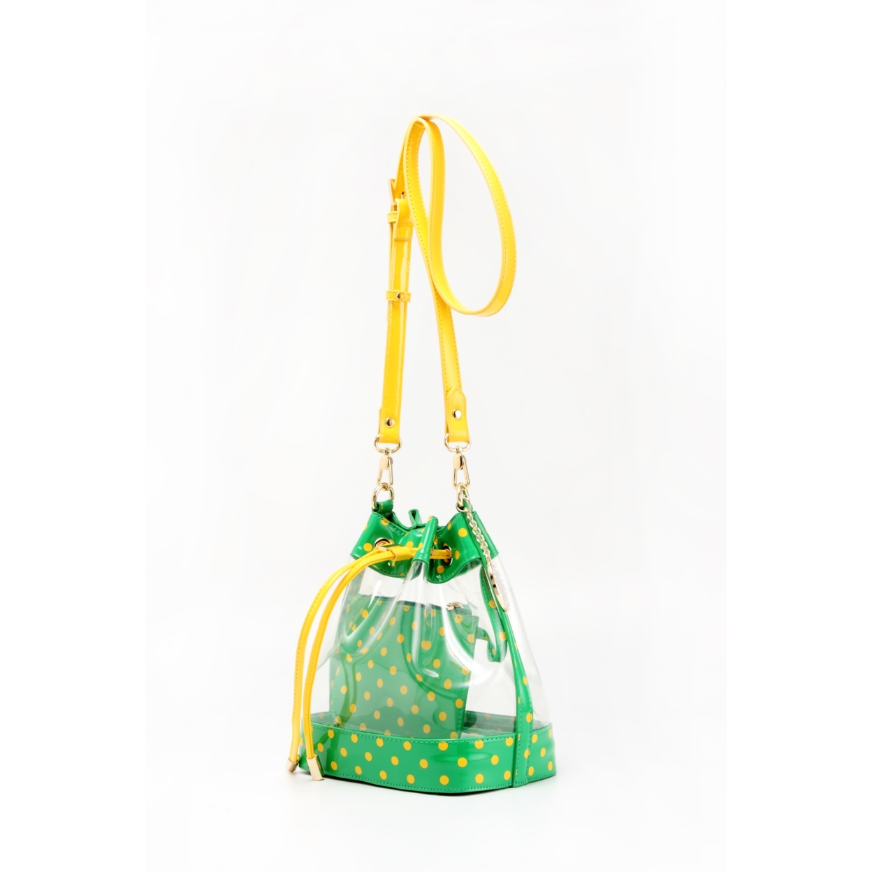 SCORE! Clear Sarah Jean Designer Crossbody Polka Dot Boho Bucket Bag-Bright Fern Green And Yellow Gold