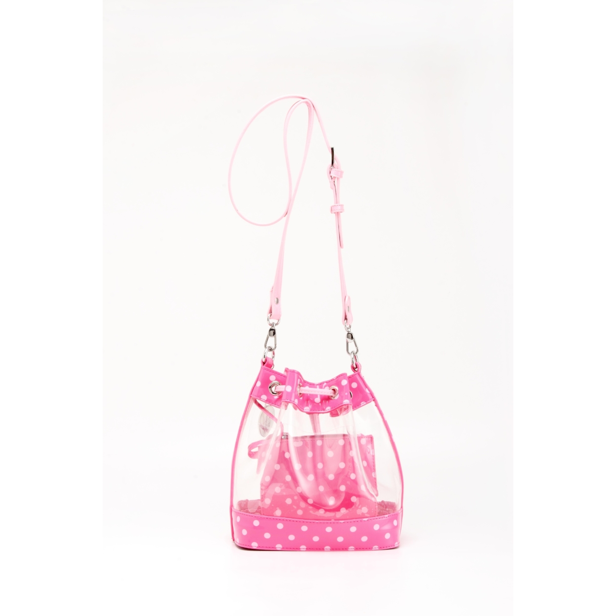 SCORE! Clear Sarah Jean Designer Crossbody Polka Dot Boho Bucket Bag-Fandango Hot Pink And Light Pink