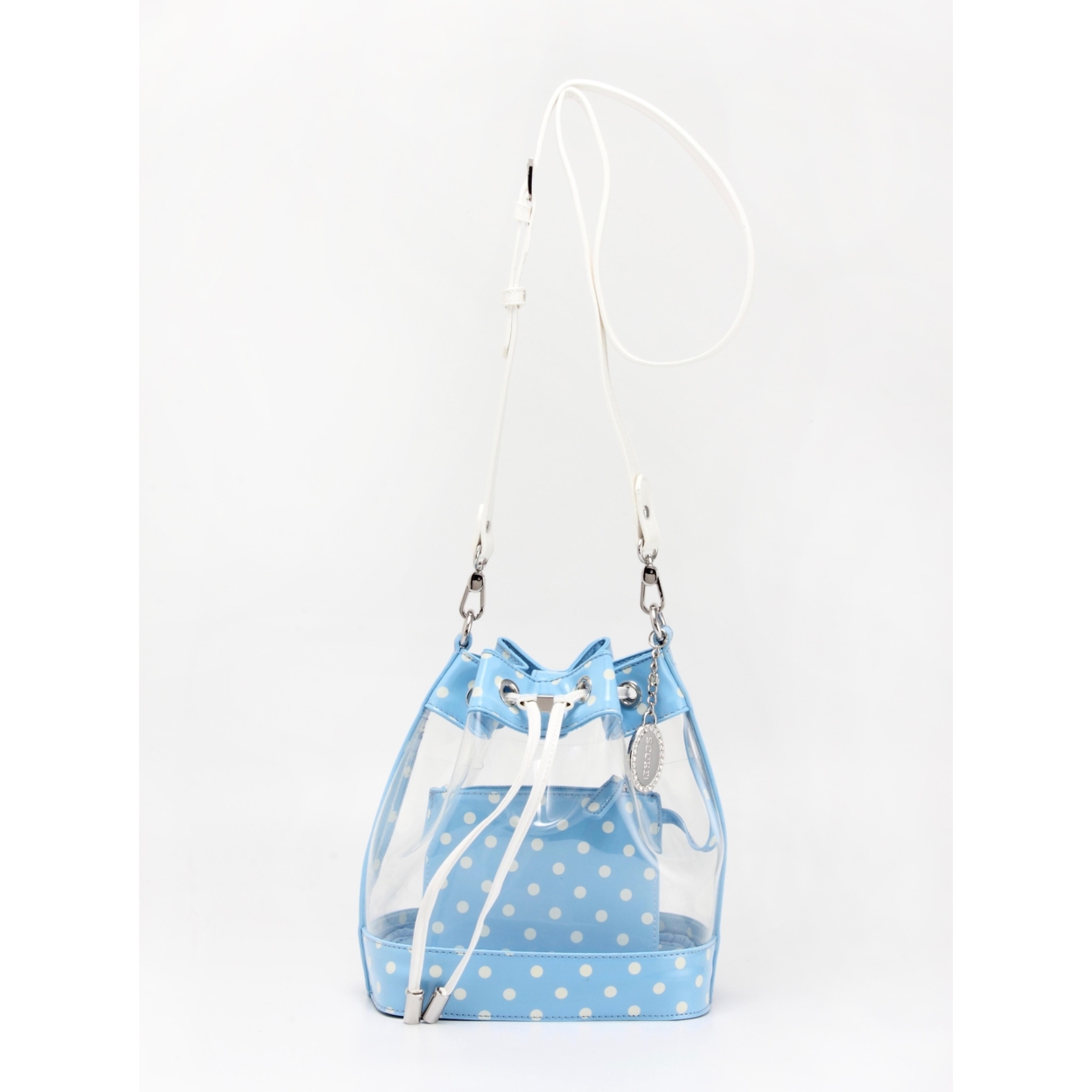 SCORE! Clear Sarah Jean Designer Crossbody Polka Dot Boho Bucket Bag-Light Blue And White