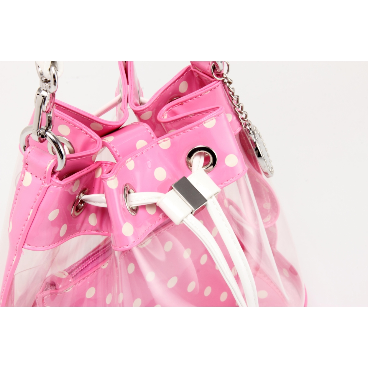 SCORE! Clear Sarah Jean Designer Crossbody Polka Dot Boho Bucket Bag-Pink And White
