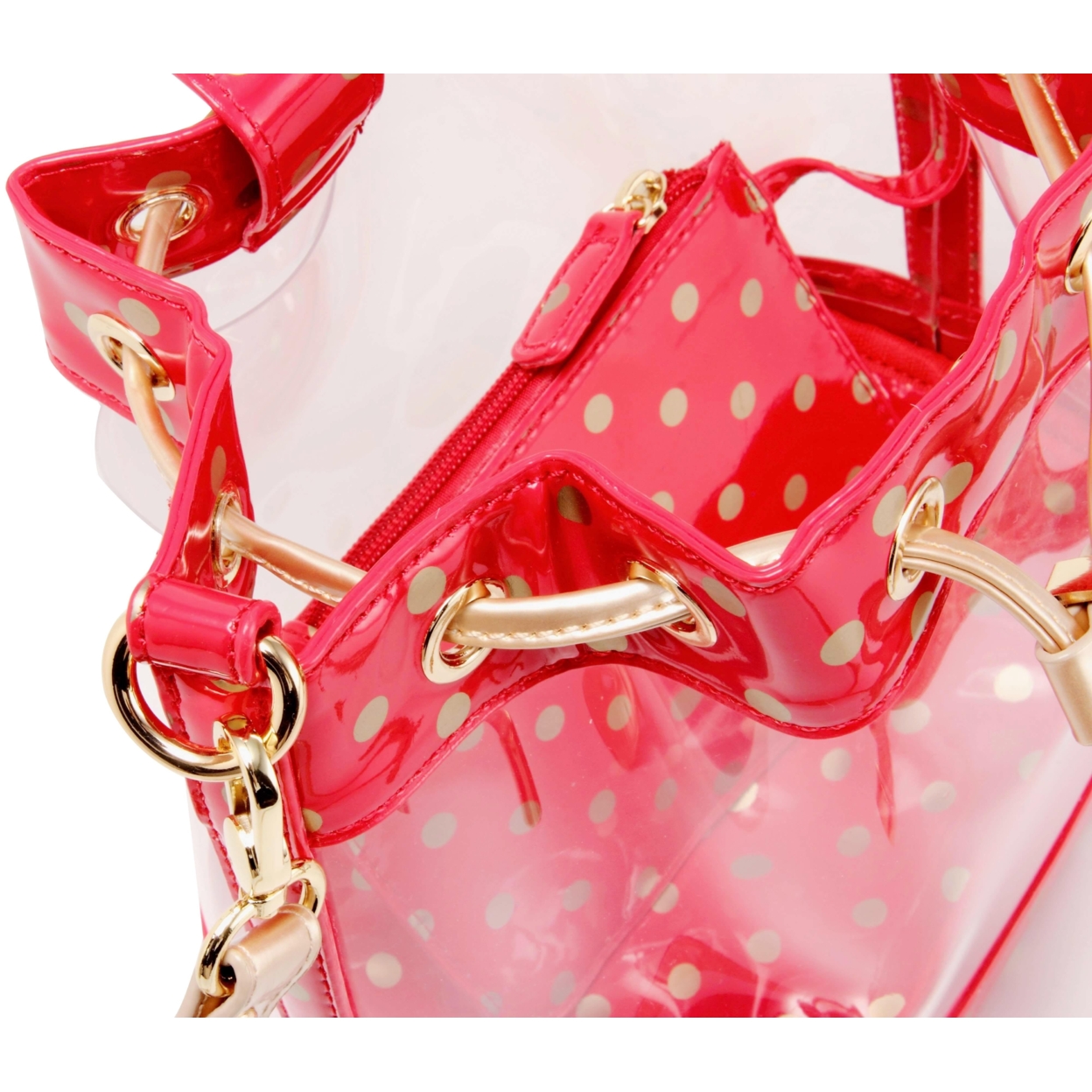 SCORE! Clear Sarah Jean Designer Crossbody Polka Dot Boho Bucket Bag-Red And Gold Gold