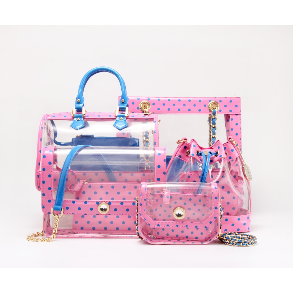 SCORE! Clear Sarah Jean Designer Crossbody Polka Dot Boho Bucket Bag-Pink And Blue