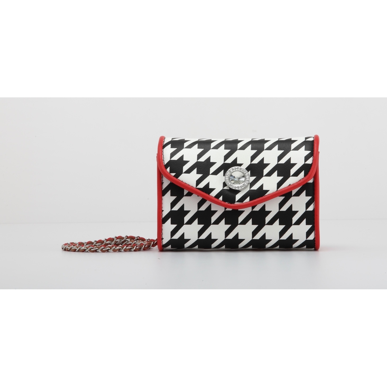SCORE! Eva Designer Crossbody Clutch - Black And White Houndstooth With Racing Red
