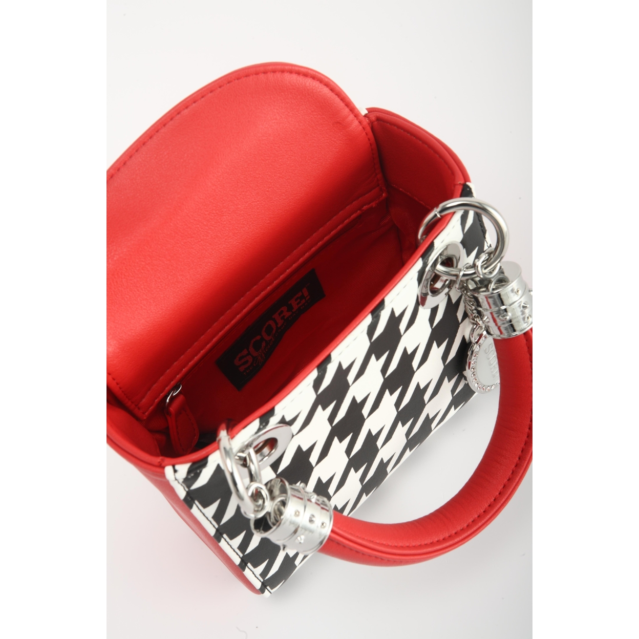 SCORE! Jacqui Classic Top Handle Crossbody Satchel - Black And White Houndstooth And Red