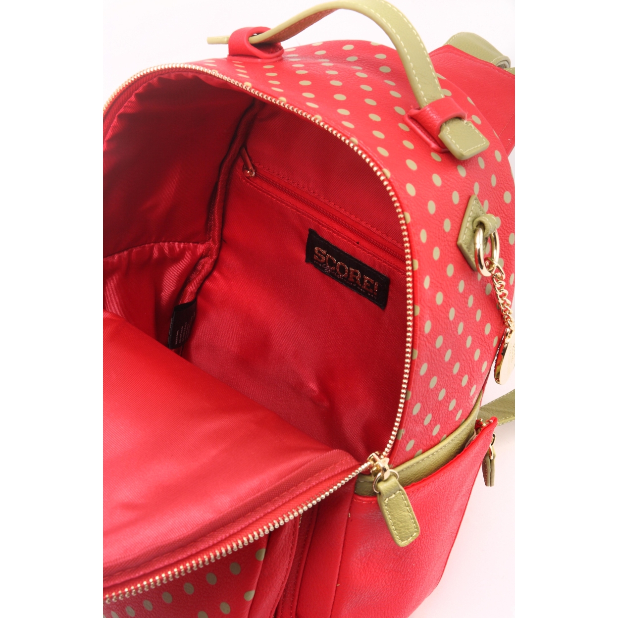 SCORE! Natalie Michelle Medium Polka Dot Designer Backpack - Red And Olive Green