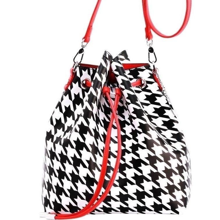SCORE! Sarah Jean Crossbody Large BoHo Bucket Bag- Black And White Houndstooth And Red