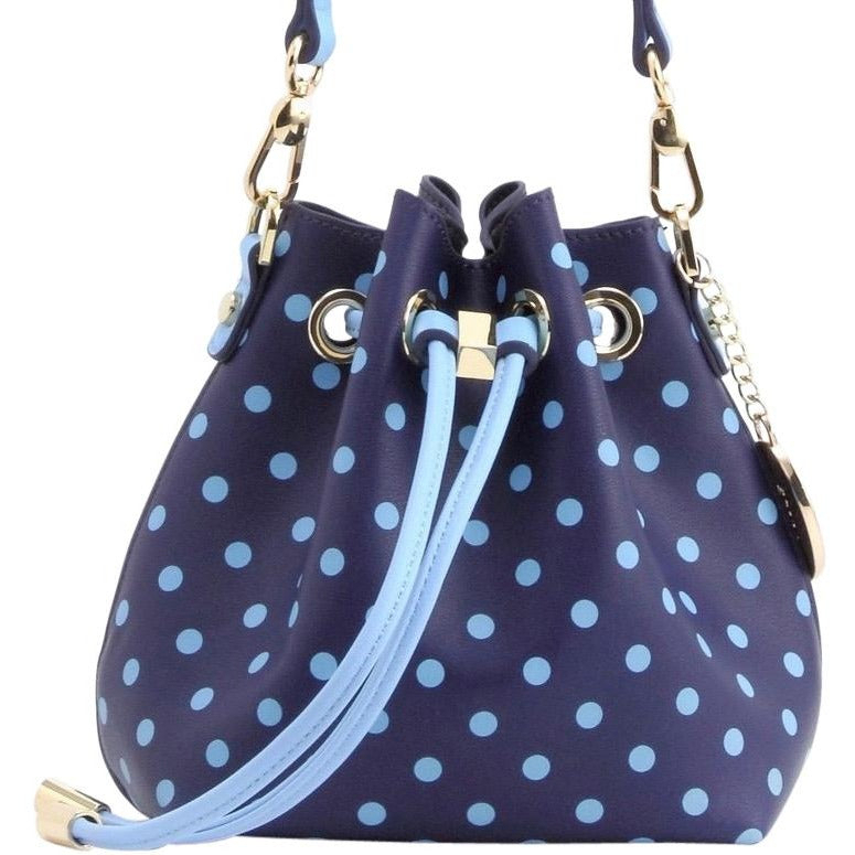 SCORE! Sarah Jean Small Crossbody Polka Dot BoHo Bucket Bag - Navy Blue And Light Blue