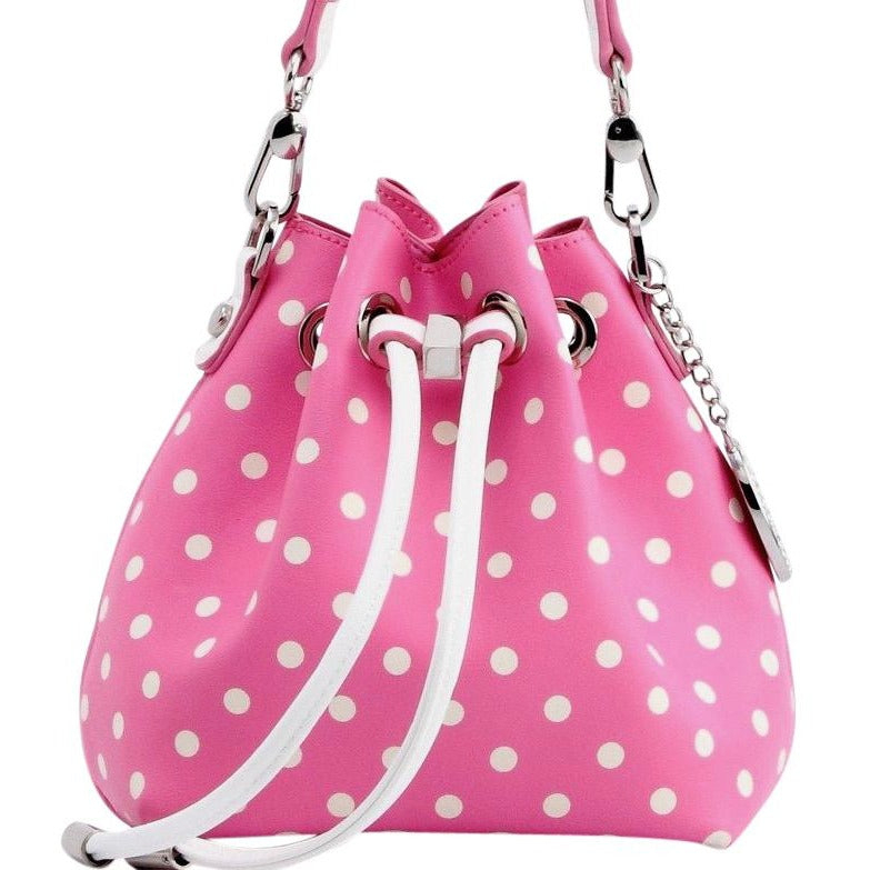 SCORE! Sarah Jean Small Crossbody Polka Dot BoHo Bucket Bag - Pink And White