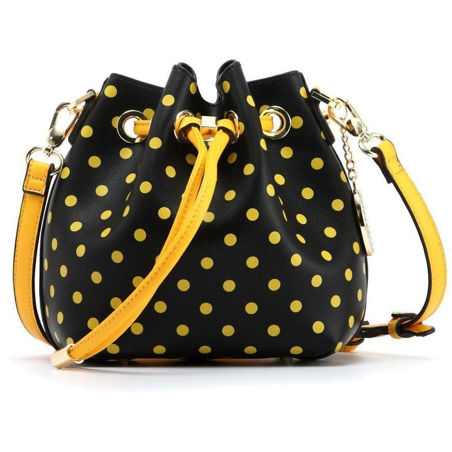 SCORE! Sarah Jean Small Crossbody Polka Dot BoHo Bucket Bag- Black And Gold Yellow