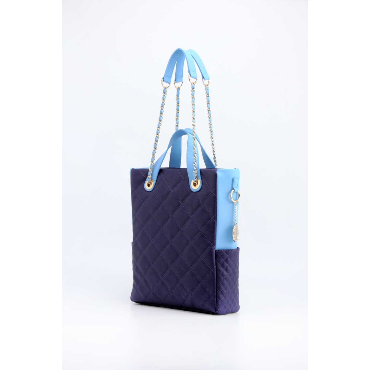 SCORE!'s Kat Travel Tote For Business, Work, Or School Quilted Shoulder Bag- Navy Dark Blue And Light Blue
