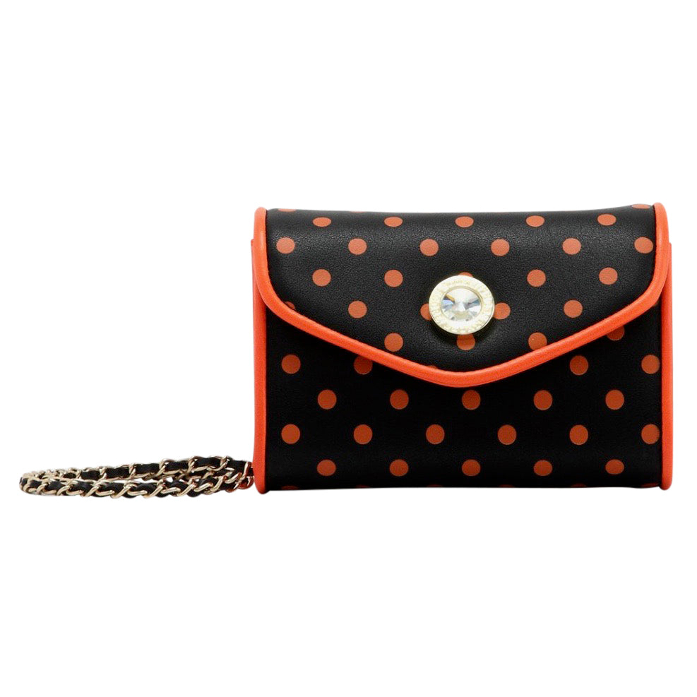 SCORE! Eva Designer Crossbody Clutch - Black And Orange Polka Dot