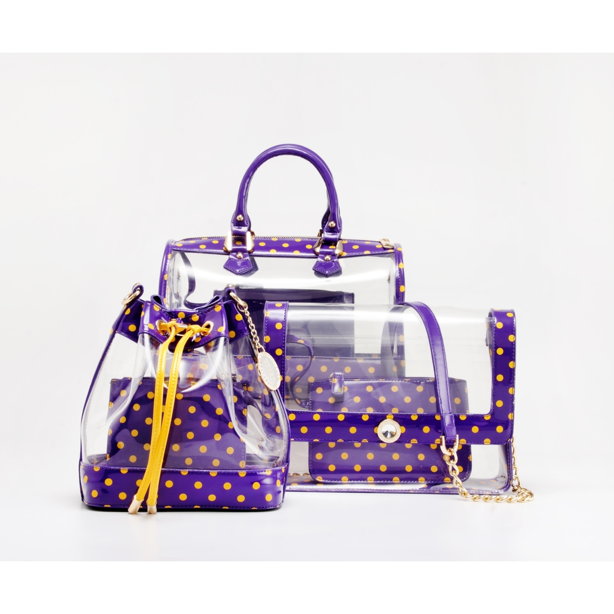 SCORE! Chrissy Medium Designer Clear Cross-body Bag - Royal Purple And Yellow Gold