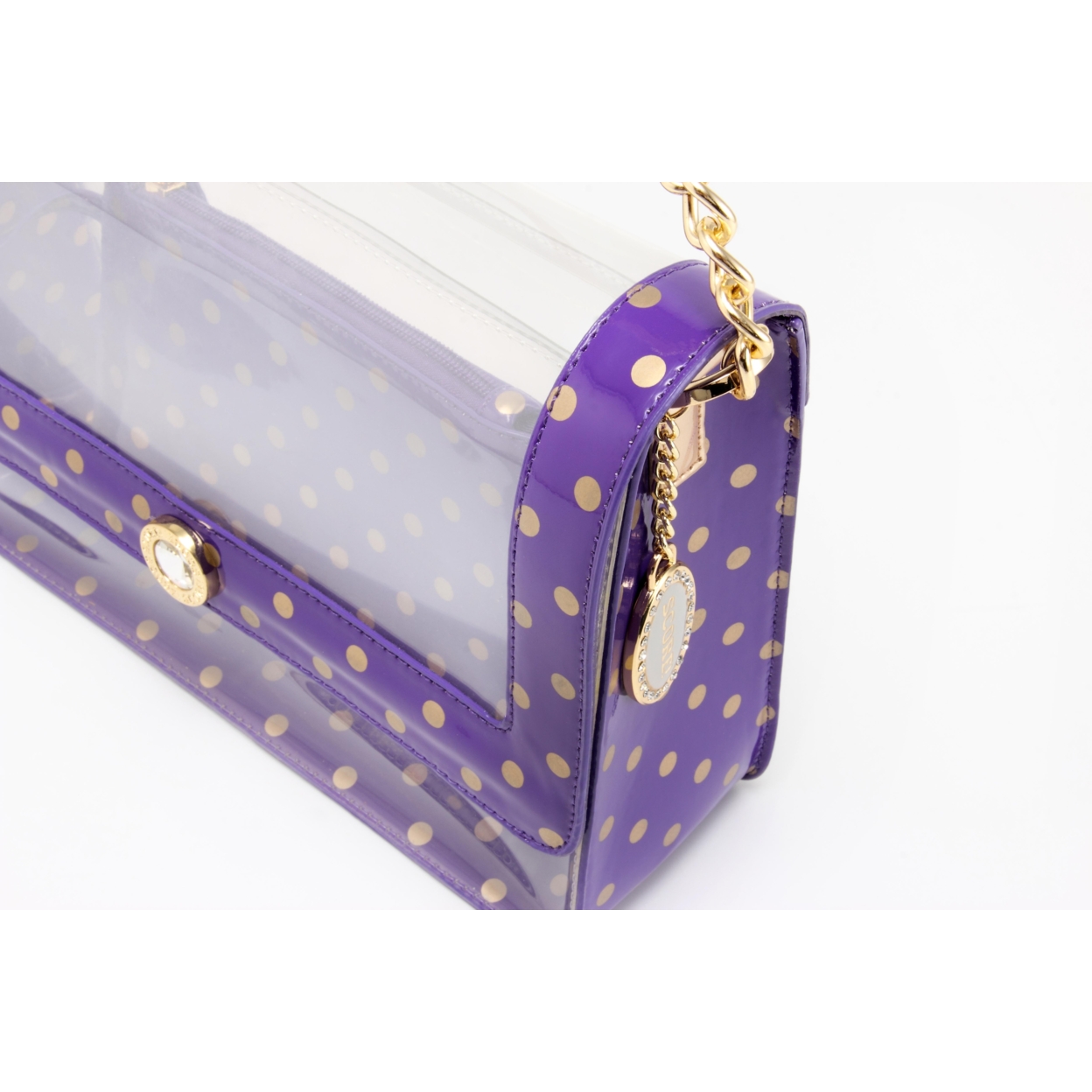 SCORE! Chrissy Medium Designer Clear Cross-body Bag -Royal Purple And Metallic Gold
