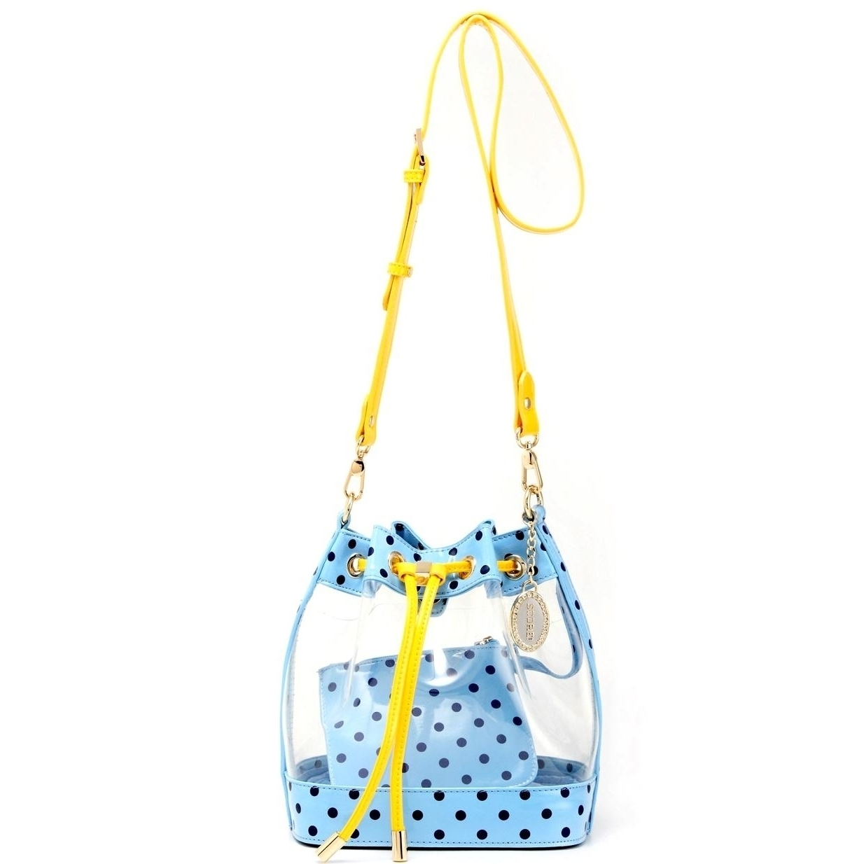 SCORE! Clear Sarah Jean Designer Crossbody Polka Dot Boho Bucket Bag-Light Blue, Navy Blue And Yellow Gold