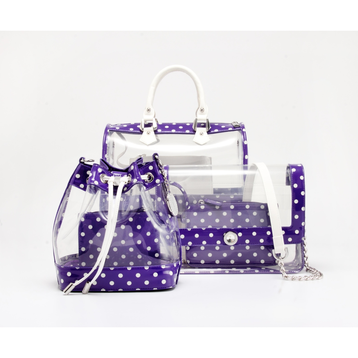 SCORE! Clear Sarah Jean Designer Crossbody Polka Dot Boho Bucket Bag-Purple And White