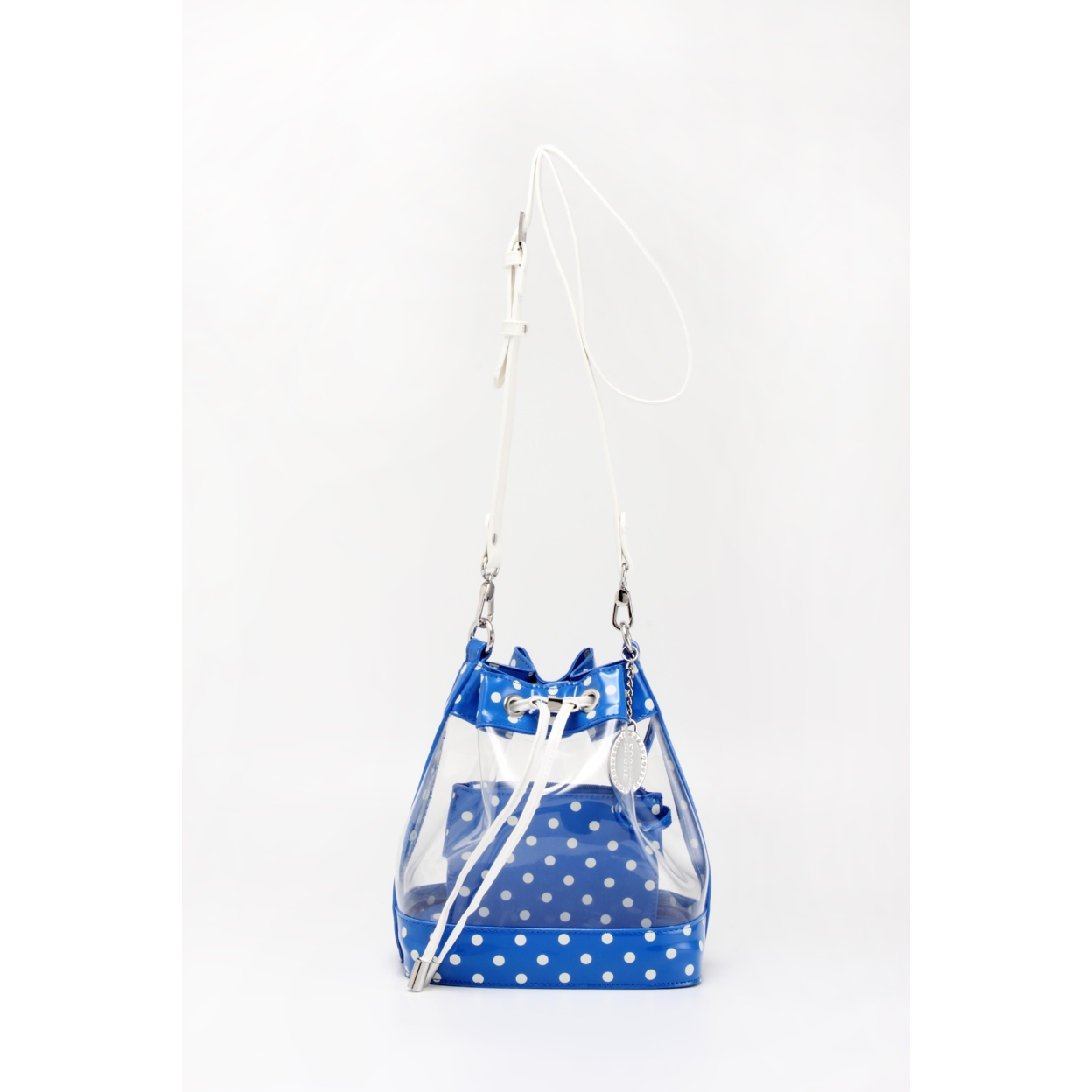 SCORE! Clear Sarah Jean Designer Crossbody Polka Dot Boho Bucket Bag-Royal Blue And White