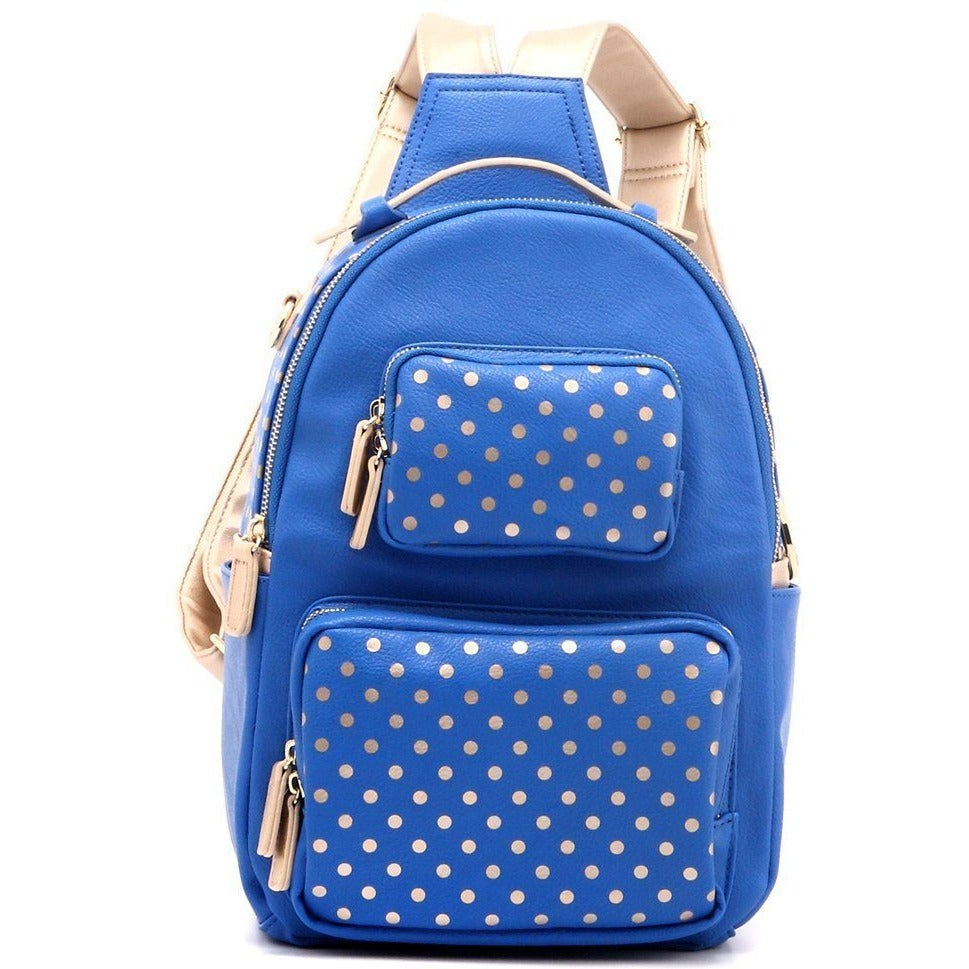 SCORE! Natalie Michelle Medium Polka Dot Designer Backpack - Imperial Royal Blue And Metallic Gold