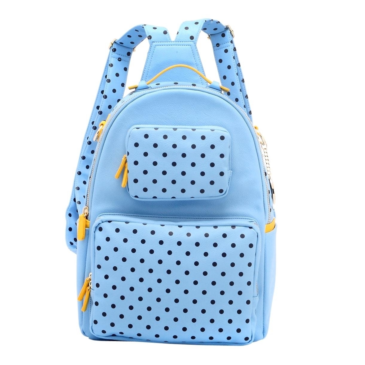 SCORE! Natalie Michelle Medium Polka Dot Designer Backpack - Light Blue, Navy Blue And Yellow Gold