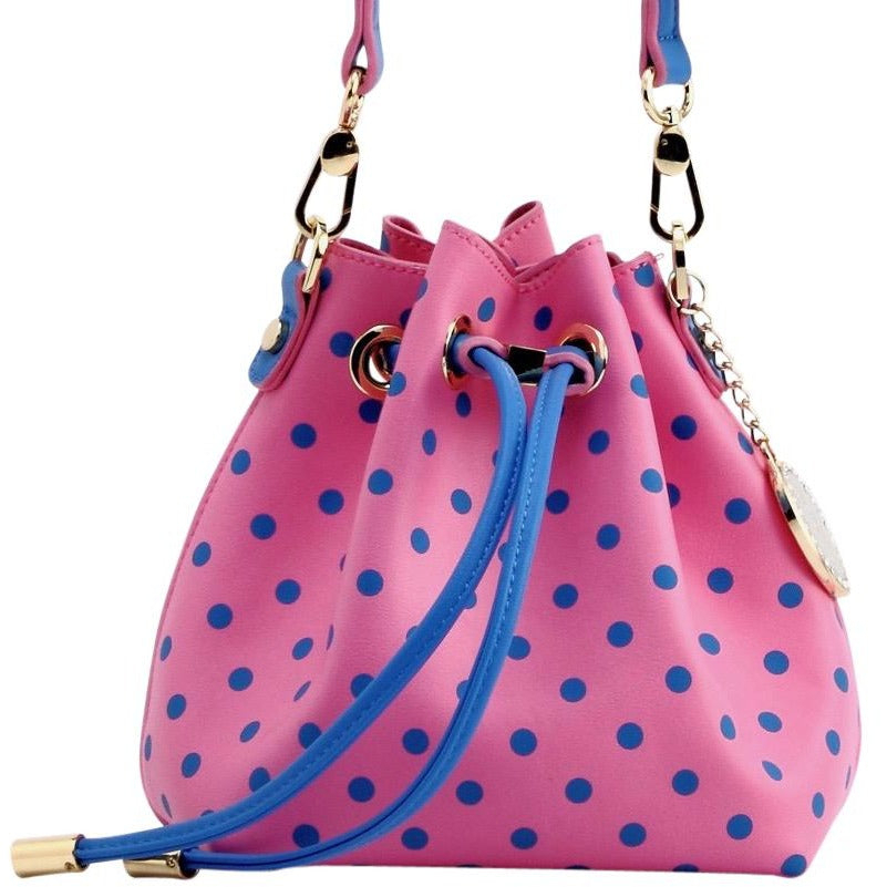 SCORE! Sarah Jean Small Crossbody Polka Dot BoHo Bucket Bag - Pink And Blue