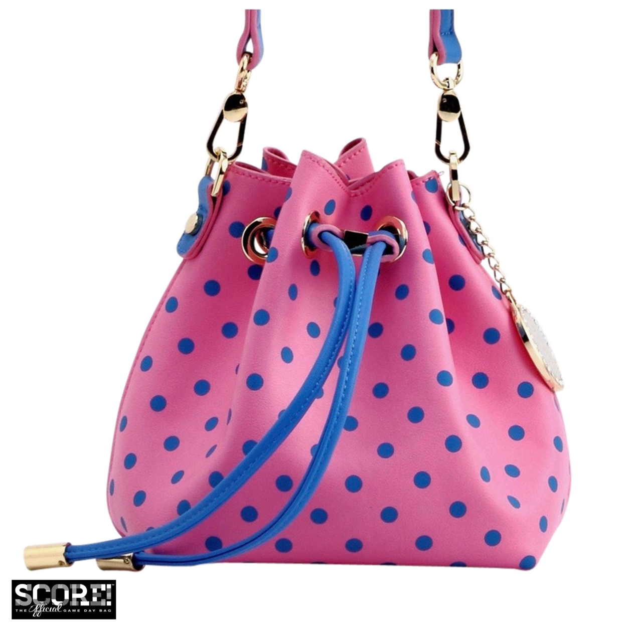 SCORE! Sarah Jean Small Crossbody Polka Dot BoHo Bucket Bag - Pink And Blue