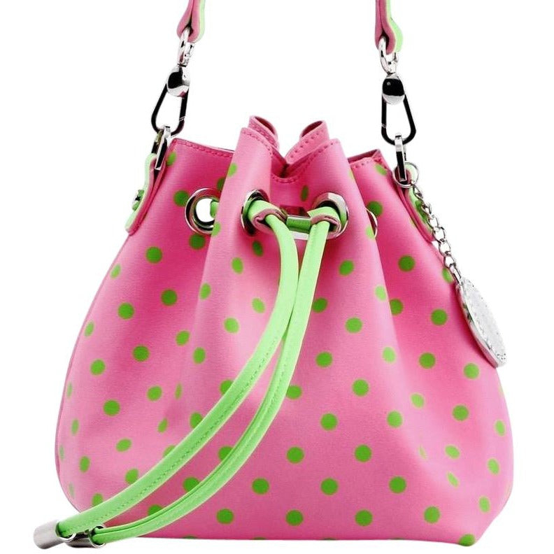 SCORE! Sarah Jean Small Crossbody Polka Dot BoHo Bucket Bag - Pink And Green