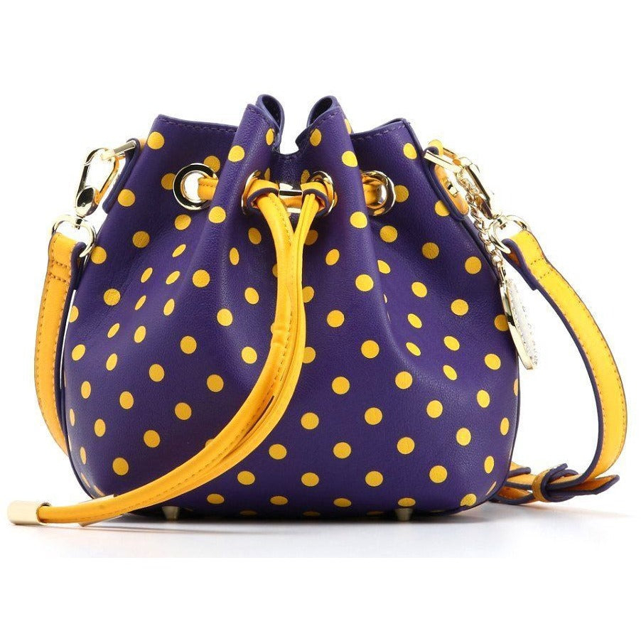 SCORE! Sarah Jean Small Crossbody Polka Dot BoHo Bucket Bag - Purple And Gold Yellow