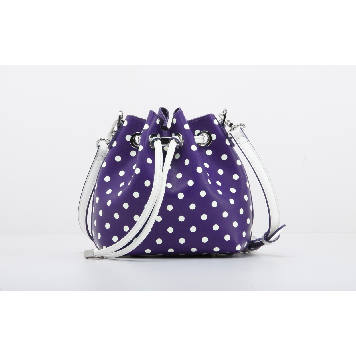 SCORE! Sarah Jean Small Crossbody Polka Dot BoHo Bucket Bag - Purple And White