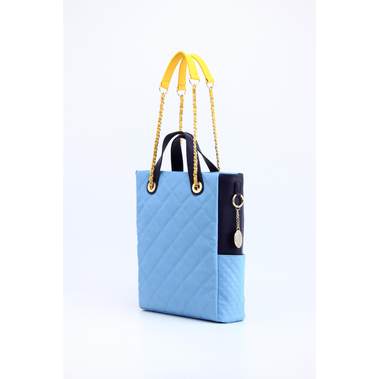 SCORE!'s Kat Travel Tote For Business, Work, Or School Quilted Shoulder Bag - Light Blue, Navy Blue And Yellow Gold