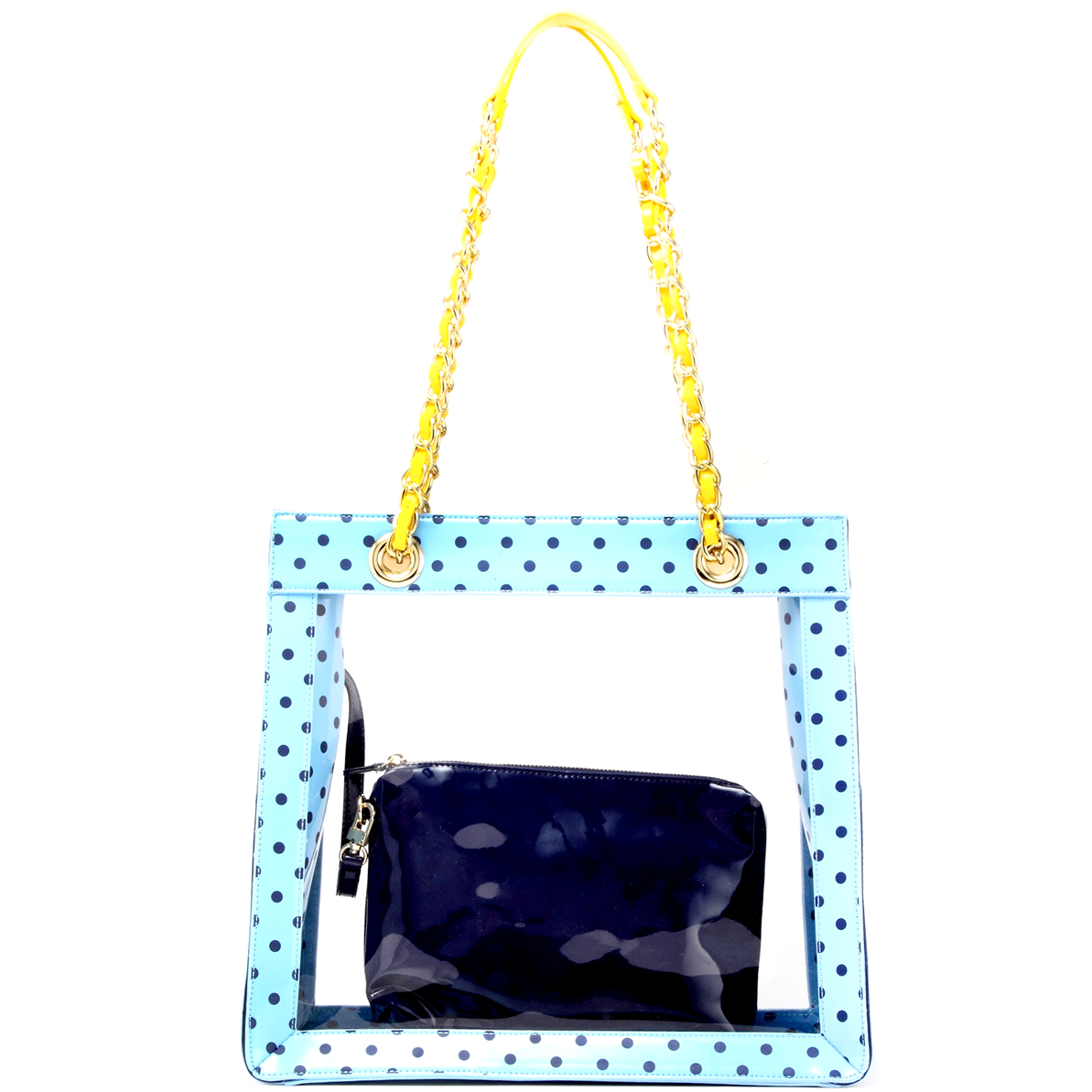 SCORE! Andrea Large Clear Designer Tote For School, Work, Travel- Light Blue, Navy Blue And Yellow Gold