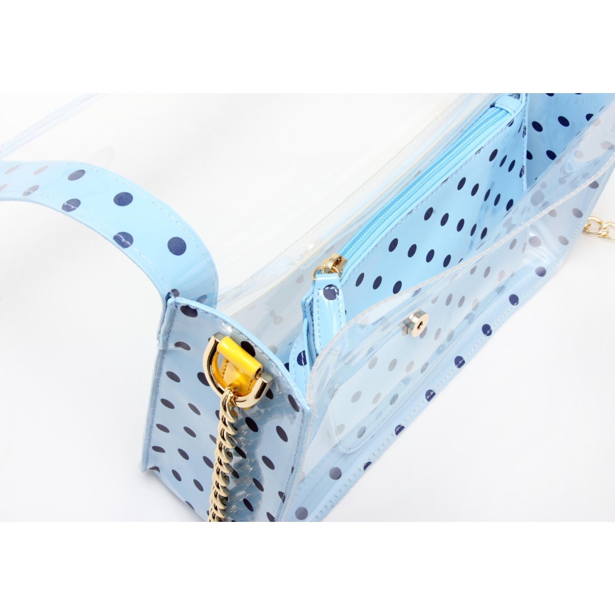 SCORE! Chrissy Medium Designer Clear Cross-body Bag - Light Blue, Navy Blue And Yellow Gold