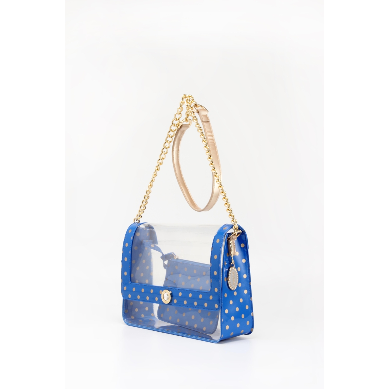 SCORE! Chrissy Medium Designer Clear Cross-body Bag -Imperial Blue And Metallic Gold
