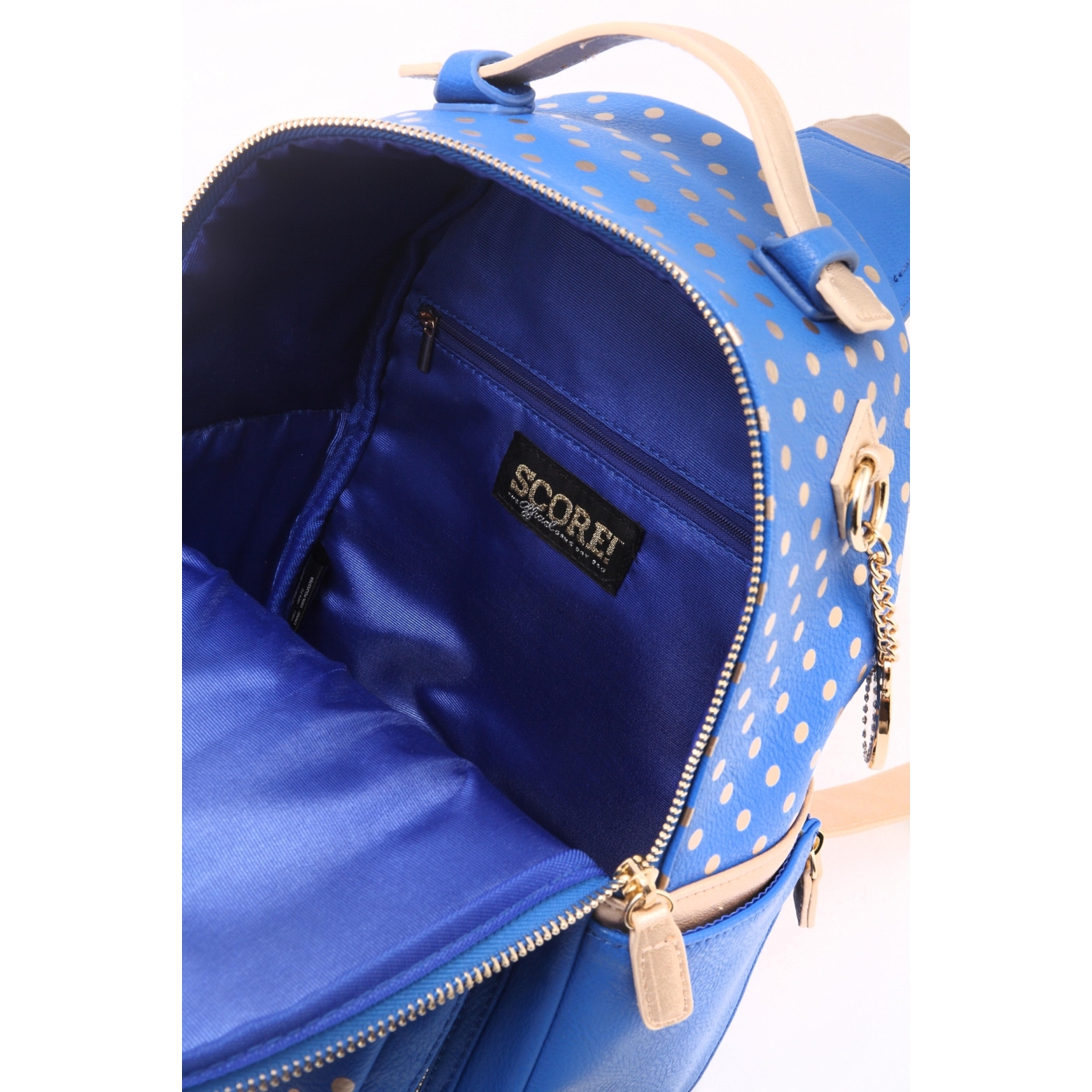 SCORE! Natalie Michelle Large Polka Dot Designer Backpack - Imperial Royal Blue And Gold Metallic