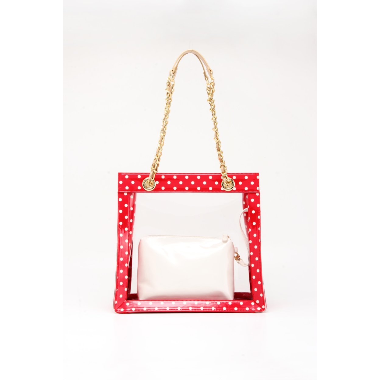 SCORE! Andrea Large Clear Designer Tote For School, Work, Travel - Racing Red, White And Gold