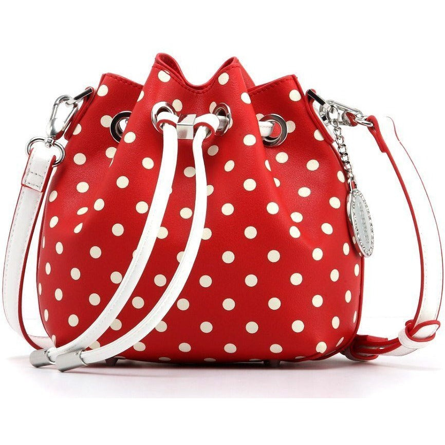 SCORE! Sarah Jean Small Crossbody Polka Dot BoHo Bucket Bag- Red And White