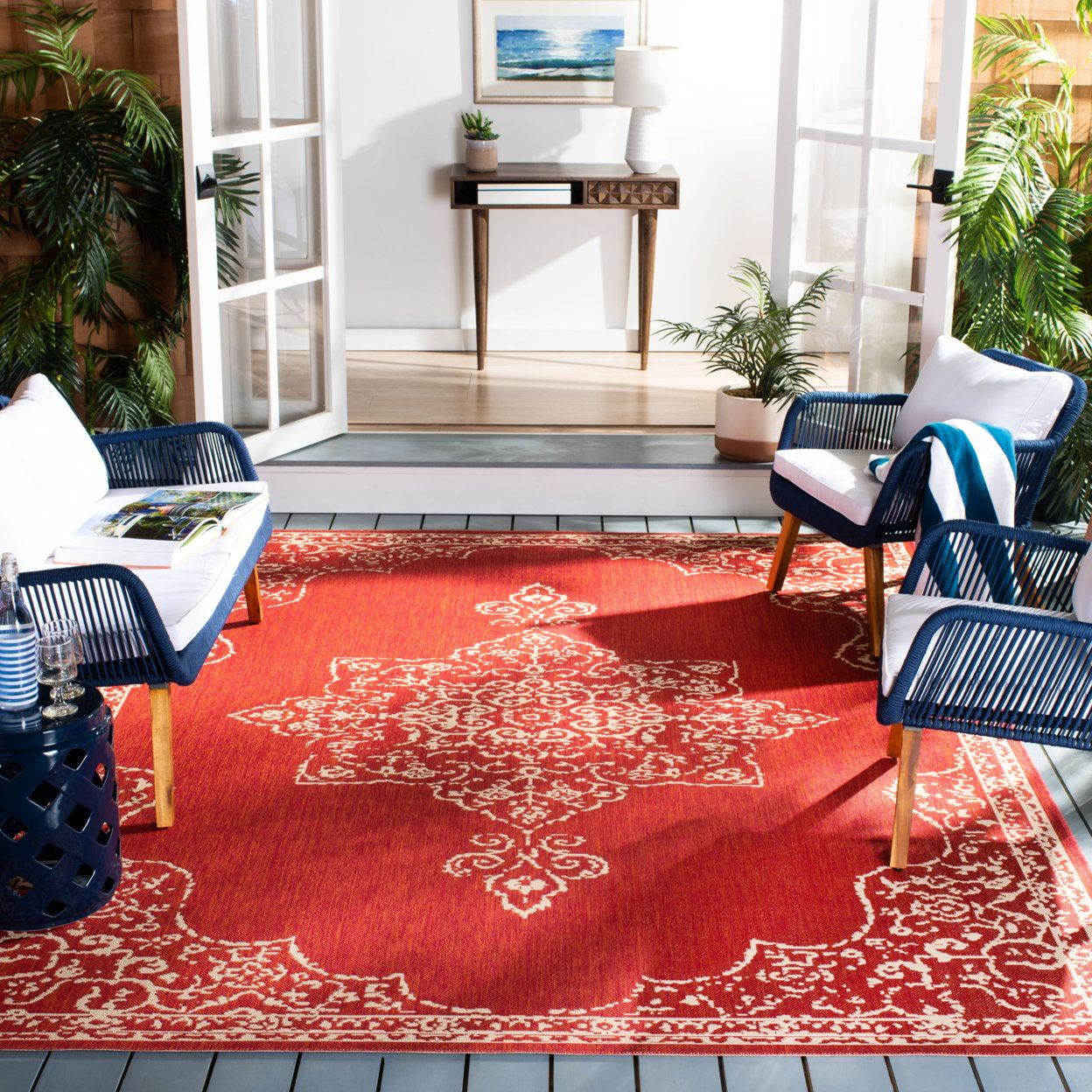 SAFAVIEH Indoor Outdoor BHS180Q Beach House Red / Creme Rug