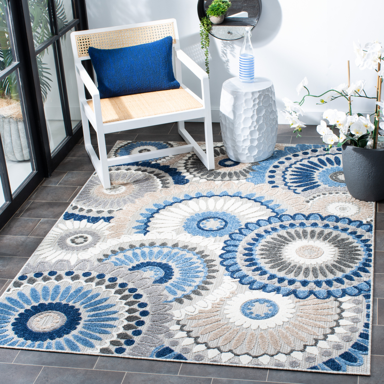 SAFAVIEH Outdoor CBN382G Cabana Collection Grey / Blue Rug