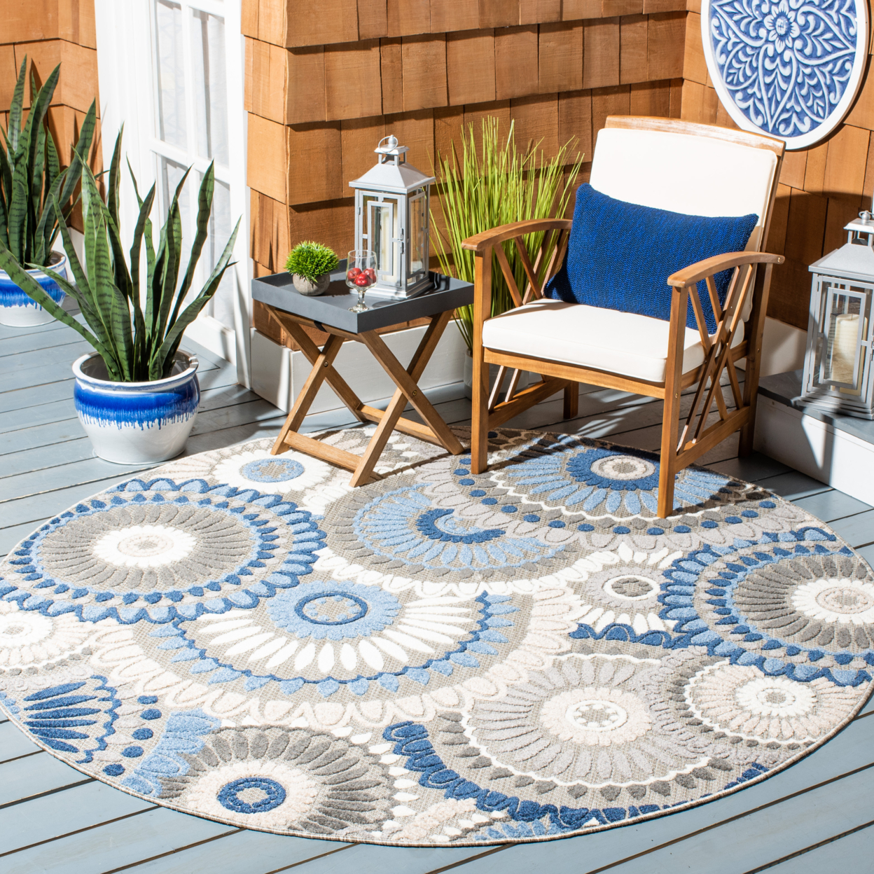 SAFAVIEH Outdoor CBN382G Cabana Collection Grey / Blue Rug