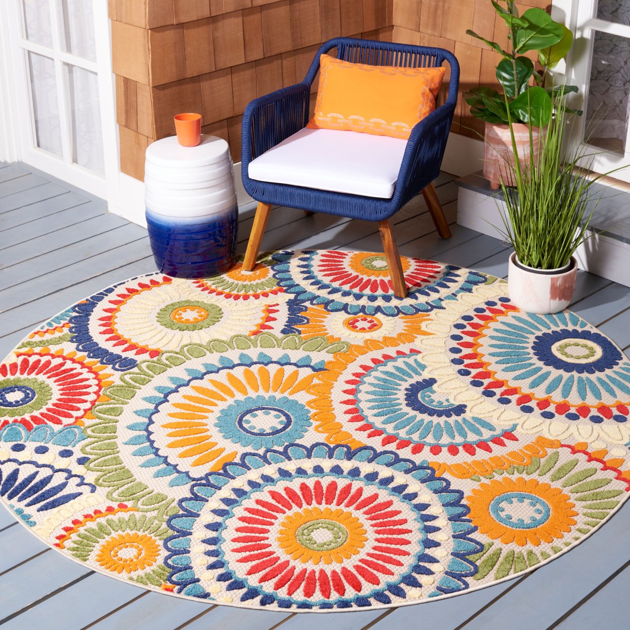 SAFAVIEH Outdoor CBN382M Cabana Collection Blue / Ivory Rug