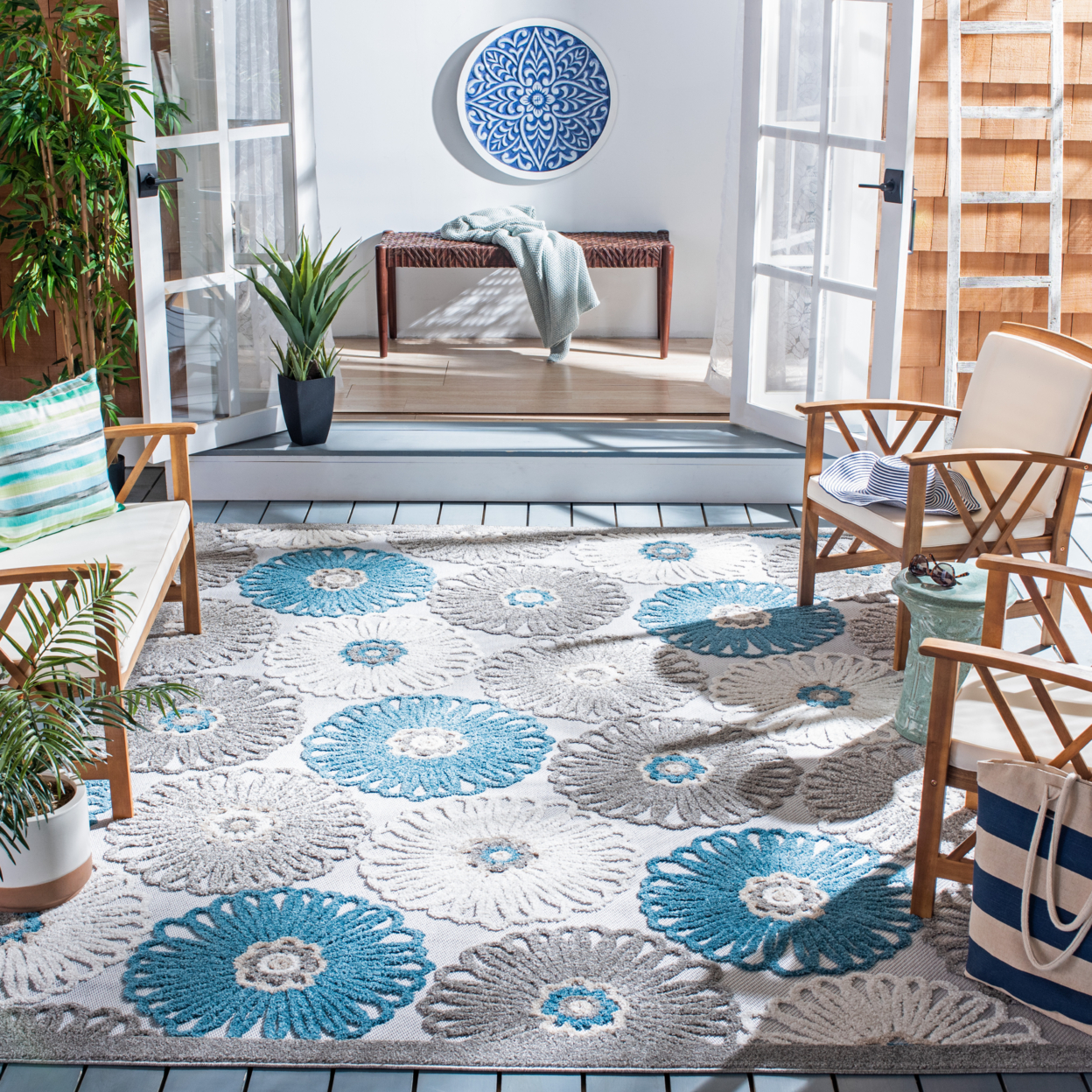 SAFAVIEH Outdoor CBN676B Cabana Collection Beige / Blue Rug