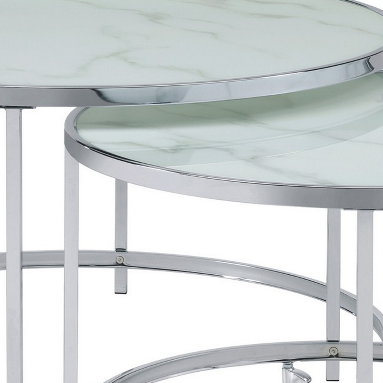 18 Inch Marbled Glass Nesting Accent Tables, Round Top, Metal, Set Of 2